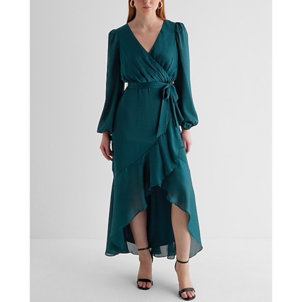 Express Satin Striped Surplice Ruffle Hi-Lo Maxi Dress